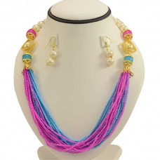 Jaipuri Necklace Set  With Pink And Ocean Blue Beads