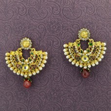 Gold Plated Chandbalis With Red Drop Stone Earrings