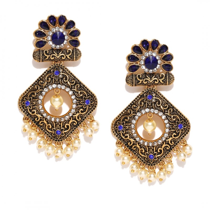 Beautiful Blue Studded Earrings With Shinny Pearl