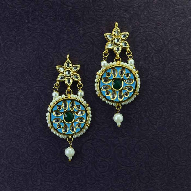 Beautiful Gold Plated Dangler Earring With Sea Blue Color Stones