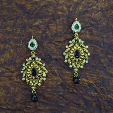 Dark Red & Green Stone Antique Gold Plated Dangle Earrings