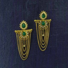 Gold Plated Hanging Earrings With Green Kundan