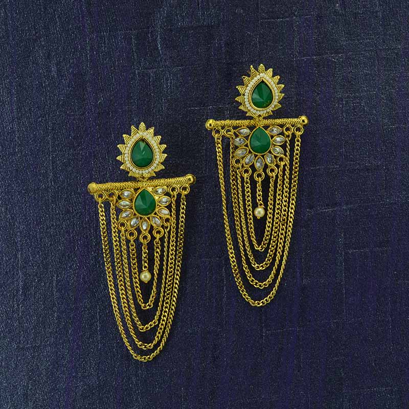Gold Plated Hanging Earrings With Green Kundan