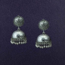 Black Silver Multiple Beads Drop Oxidised Jhumki Earrings