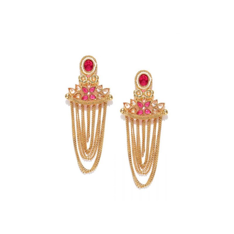 Gold Plated Stone Studded Earring In Pink Stone