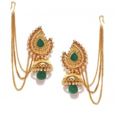 Gold Plated Stone-Studded Jhumkas In Green Stone