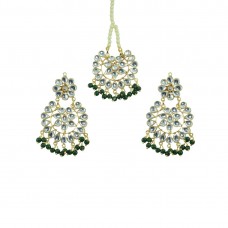 Designer Maang Tikka And Pair Of Earring With Dark Green Pearls