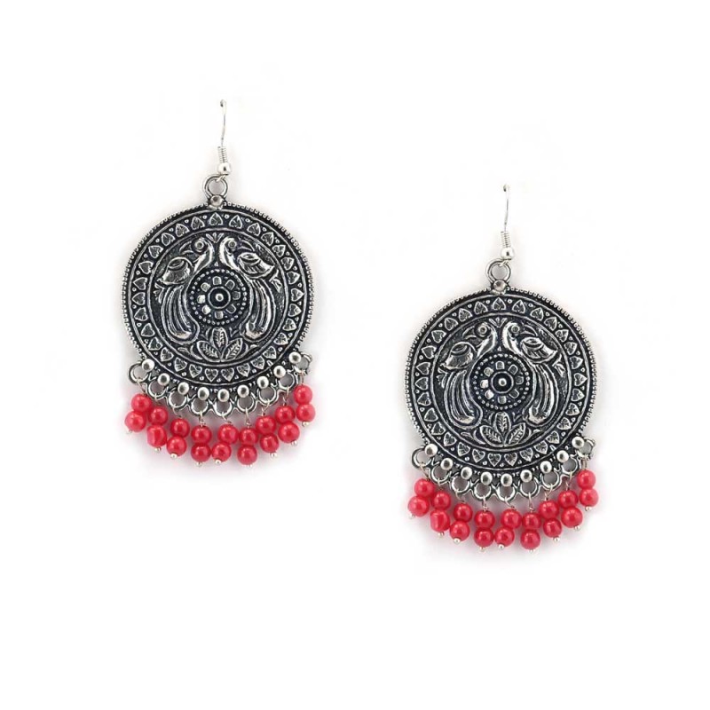 Oxidised Silver designer Earrings With Red Pearls 