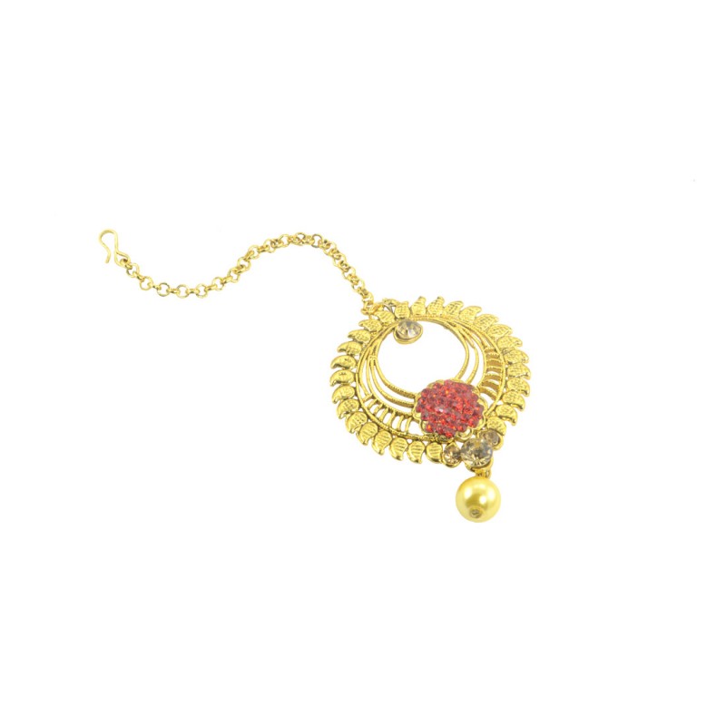 Designer Gold Plated Maang Tikka With Golden And Red Stones
