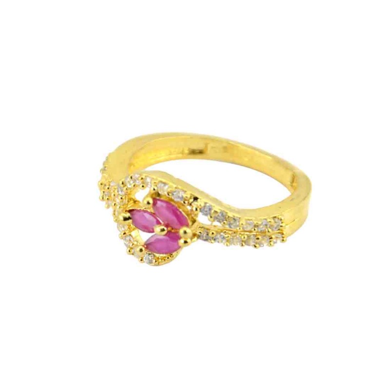 AD Stone Studded Gold Plated Ring With Pink Stone
