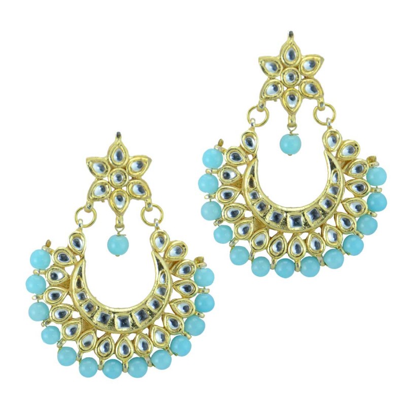 Golden Beaded Earrings In Sea Blue Color