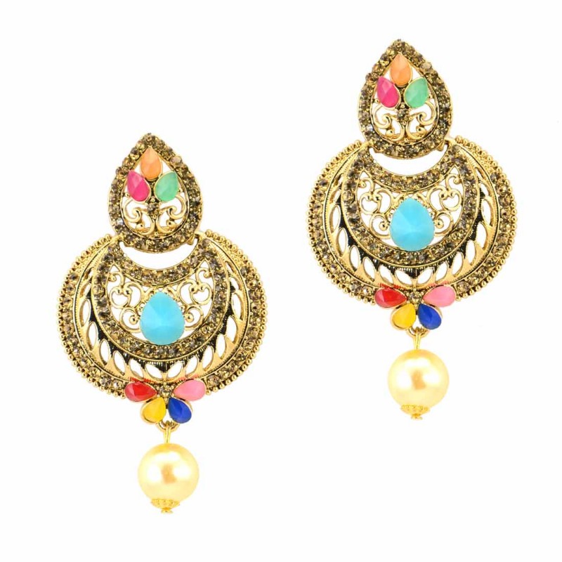  Antique Gold Plated Dangle Earrings Multicolor Kundan 