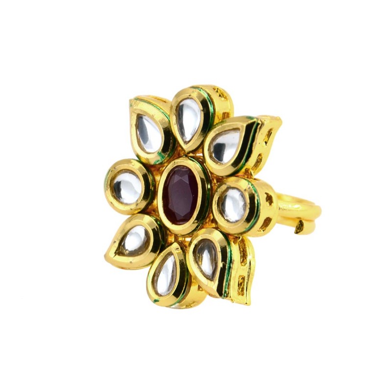 Gold Plated Kundan Ring In Red Stone