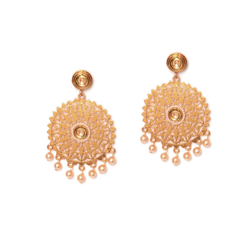 Floral Design Kundan Dangler Earrings With Golden Stone