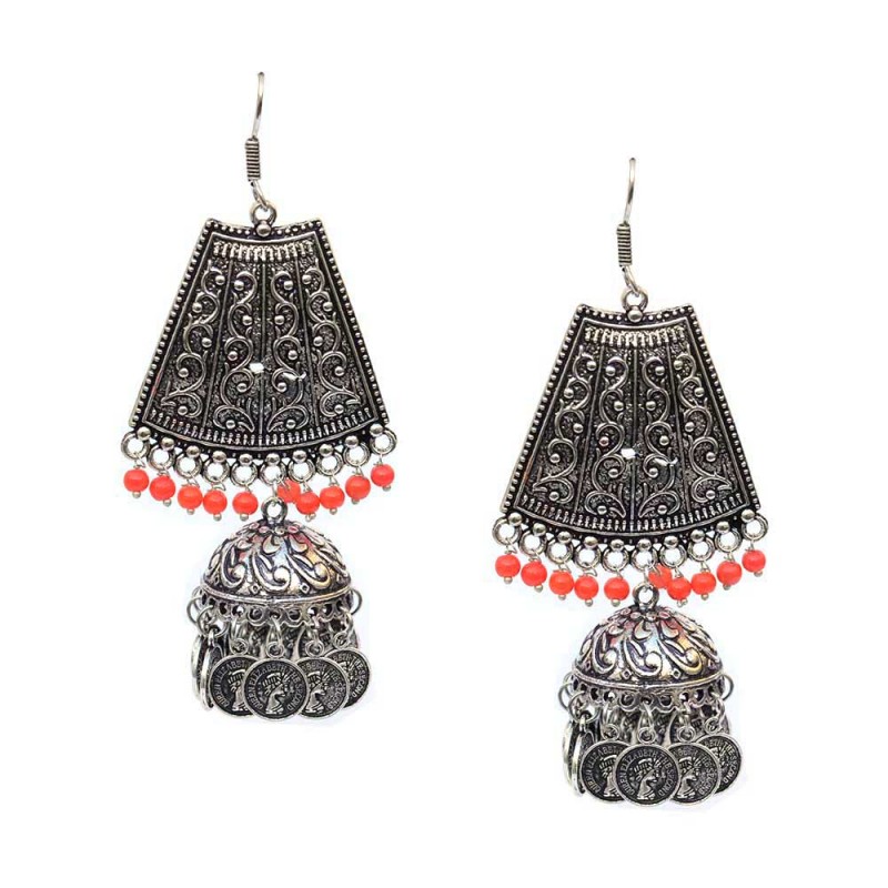 Oxidised Silver Toned Jhumki In Pink Color Pearls