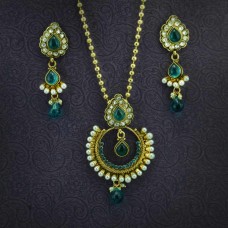 Gold Plated Green Stone Pearl Necklace Set For Women