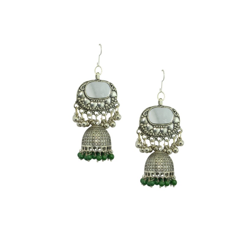 Oxidized Silver Plated Earring With Multiple Green Pearls