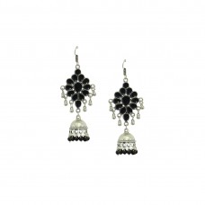 Oxidized Silver Plated Earring With Black Multipe Pearls