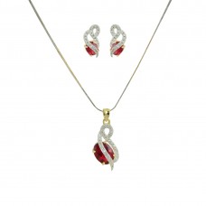 AD Studded Pendant Set In Red Color