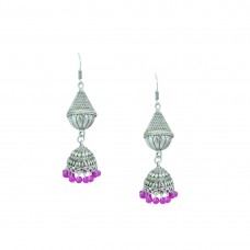 Silver Toned Oxidized  Jhumki Earrings In Pink Color
