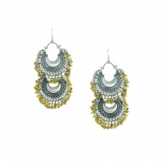 Oxidized Double Chandbalis Earrings With Golden Pearls