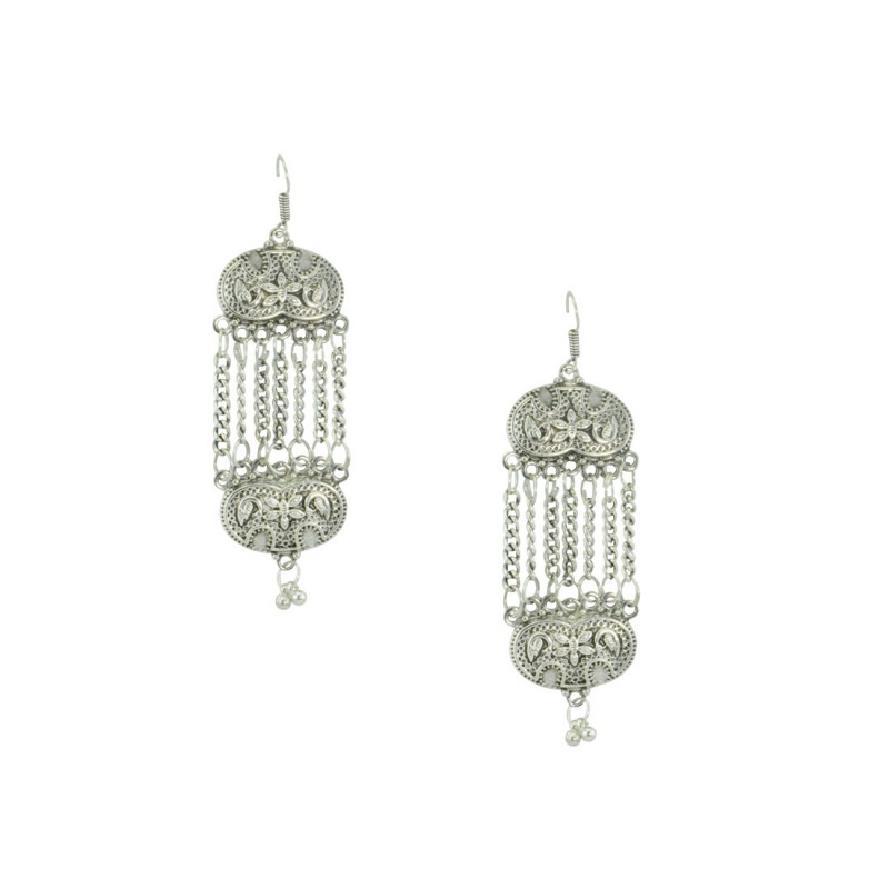 Designer Silver Plated Earring With Drop Chain