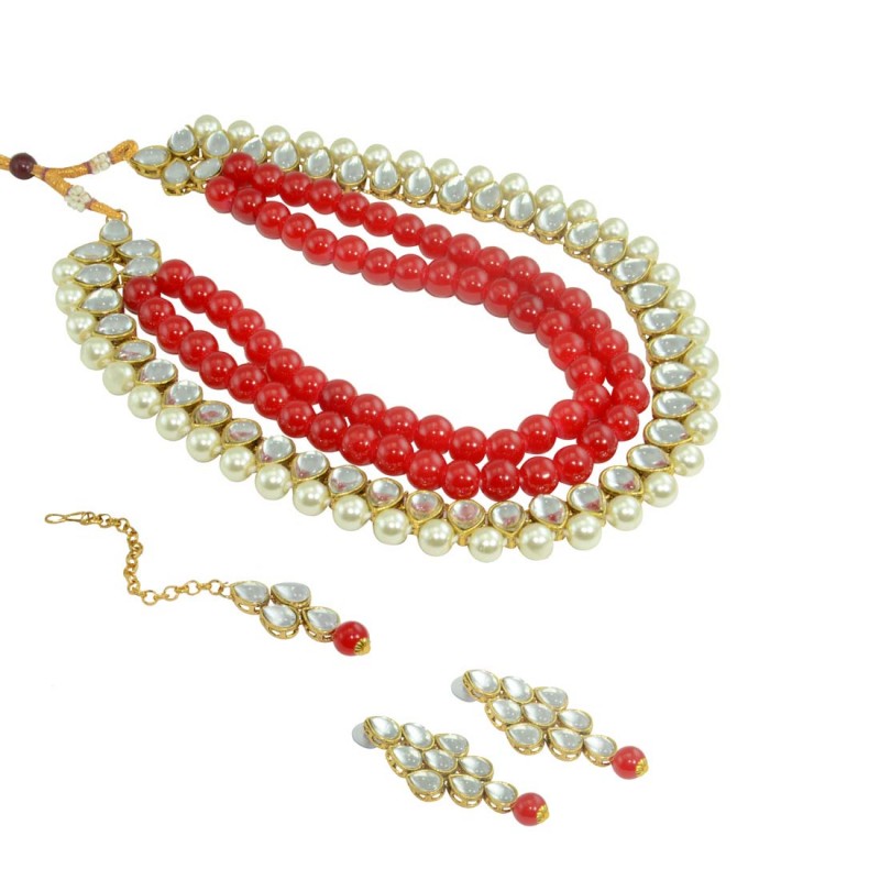  Necklace Set With Earrings For Women In Red And White Color
