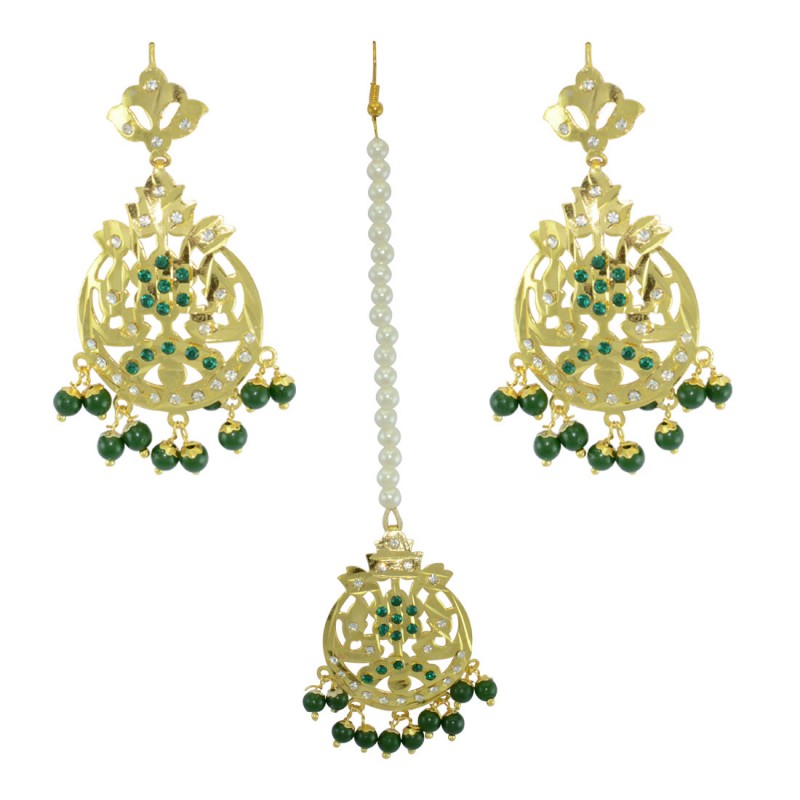 Designer Green Color Gold Plated Earrings And Maang Tikka Set for Women