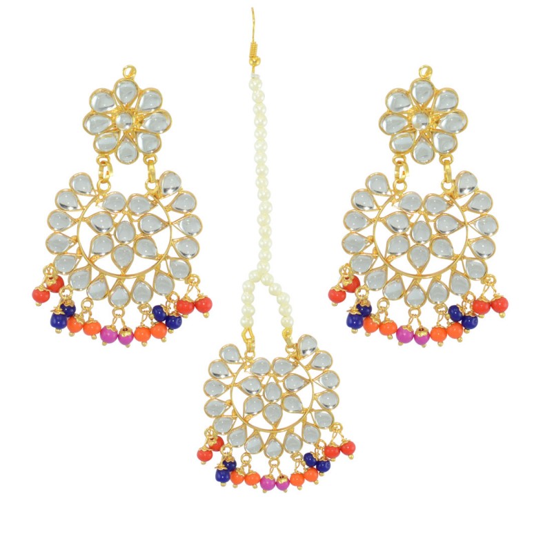 Designer Multicolor Pearls Maang Tikka With Earrings