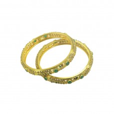 Designer Gold Plated AD Studded Set Of 2 Bangles With Green Stone