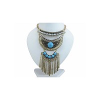 3 Layered Metal Necklace With Sea Blue Stones