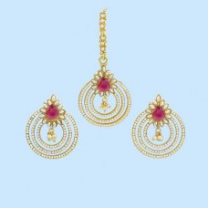 Jaipuri Maang Tikka With Earrings In Pink