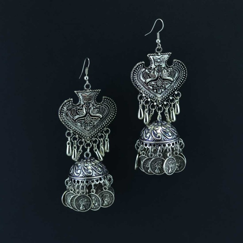 Oxidized Silver Toned Jhumkas With Coins
