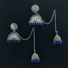 Silver Plated Jhumkis With Chain In Blue