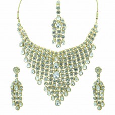 Gold Plated Shinny Stones Studded Necklace Set With Maang Tikka