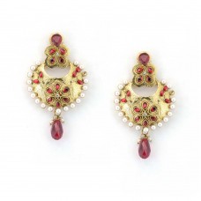 Beautiful Gold Hand Crafted Danglers With Red Stones