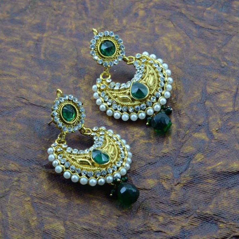Beautiful Gold Plated Earrings With Multiple Green Stones