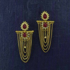 Gold Plated Hanging Earrings With Maroon Kundan