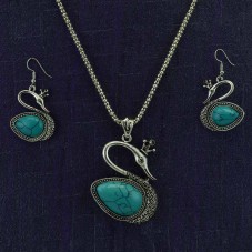 Oxidized Silver Swan Necklace With Pair Of Earrings 