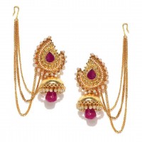 Gold Plated Stone-Studded Jhumkas In Pink Stone