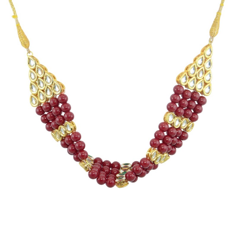 Designer Pearls Necklace Set In Maroon Color