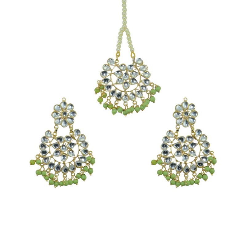 Designer Maang Tikka And Pair Of Earring With Light Green Pearls