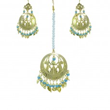 Beautiful Blue Color Gold Plated Maang Tikka With Earring Set