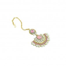 Gold Plated Maang Tikka With Shinny Pearls And Pink Stones