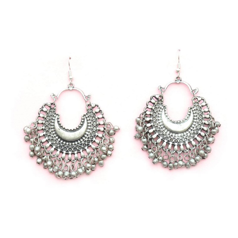 Oxidized Silver Toned Chandbalis With Bell Drops For Women