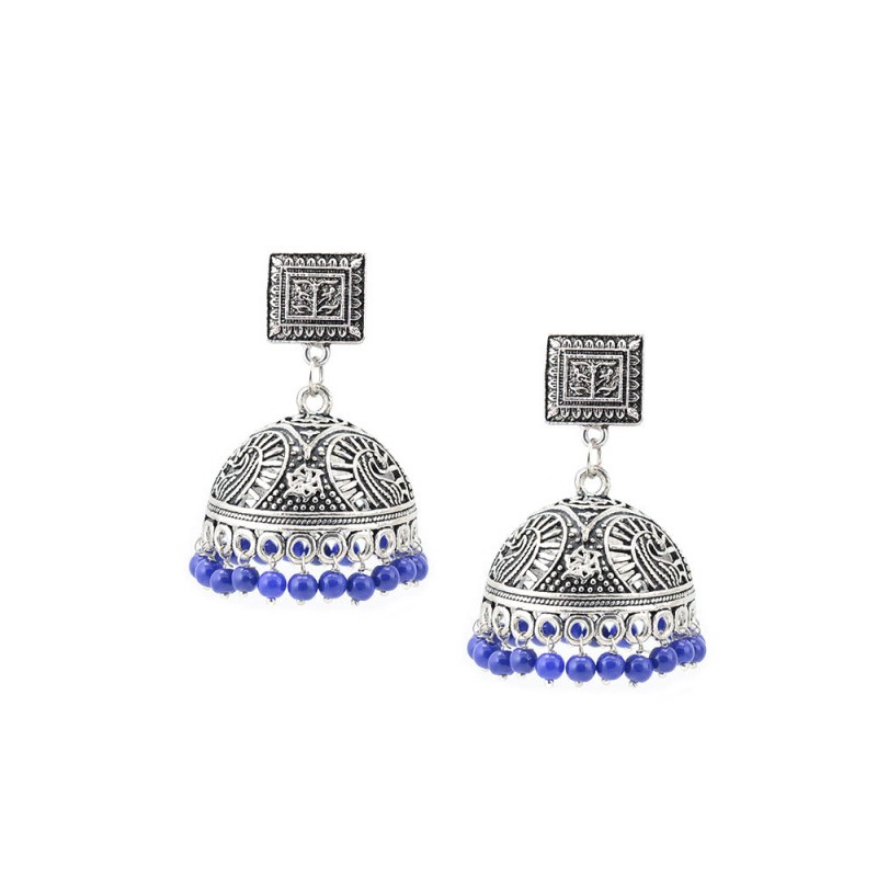 Jhumki Earrings Dangled With Blue Beads 