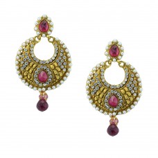 Gold Plated Studded Chandbalis In Pink Stone