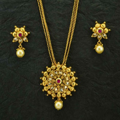 Gold Plated White Stone Necklace Set With Red Kundan