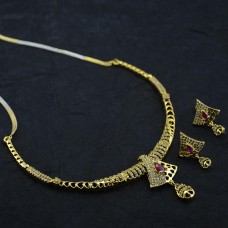 Golden Plated Stone Studded Necklace Set With Red Kundan