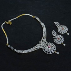 Silver Plated American Diamond Necklace Set With Pink Stone